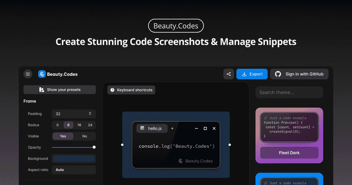 Beauty.Codes - Create Stunning Code Screenshots & Manage Snippets